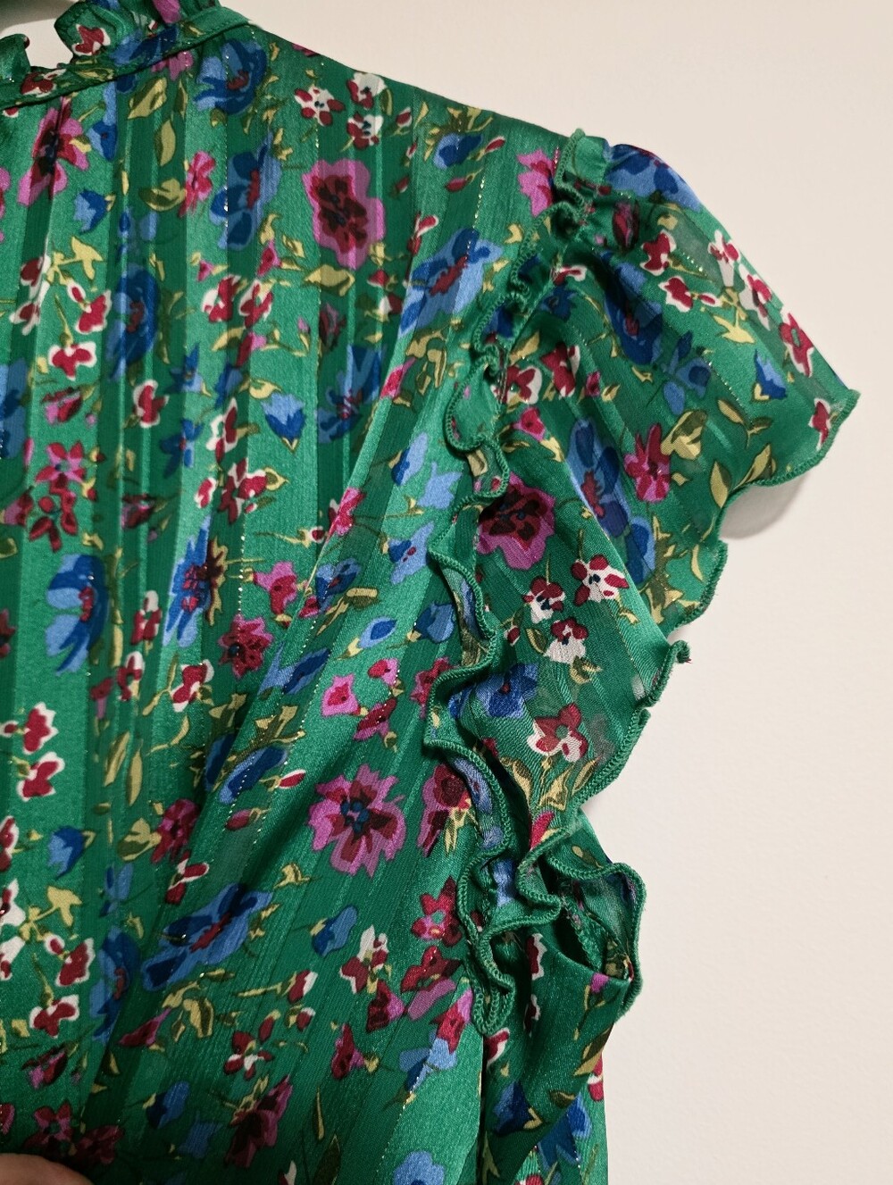 Tamara H Floral Pleated Ruffle Neck Flutter Sleeve Blouse Bubble Hem Green Large - Picture 5 of 12